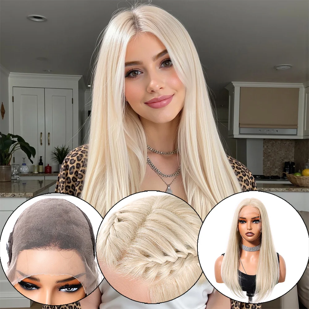 20in مستقيم الأبيض الاصطناعية الدانتيل الباروكات للنساء طويل أبيض 13*6 الدانتيل الباروكات الأمامية شعري طبيعي جزء مجاني يمكن كرة لولبية #1