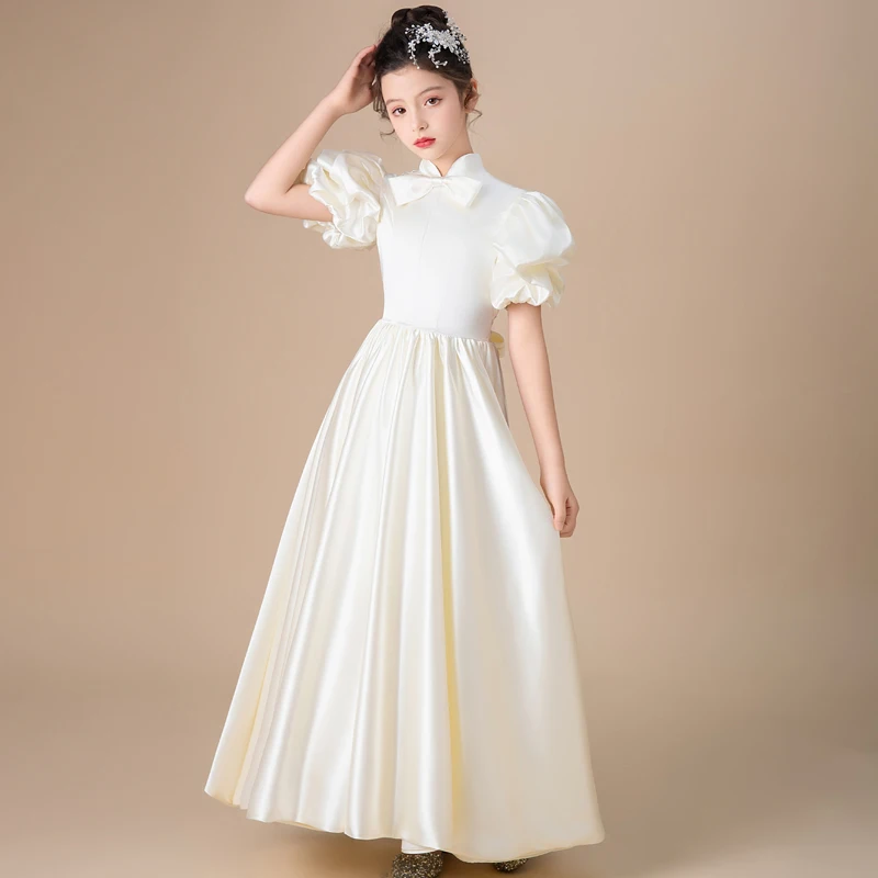 Girls Satin Bud Sleeves Long Teen Dress Children's Elegant Dress Junior Bridesmaid Dress Birthday New Year Dress/Customizable