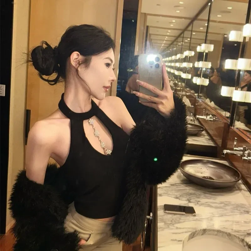 Women's Black Halter Crop Top + Fuzzy Shrug Set Rhinestone Detail Slim Fit Party Outfit