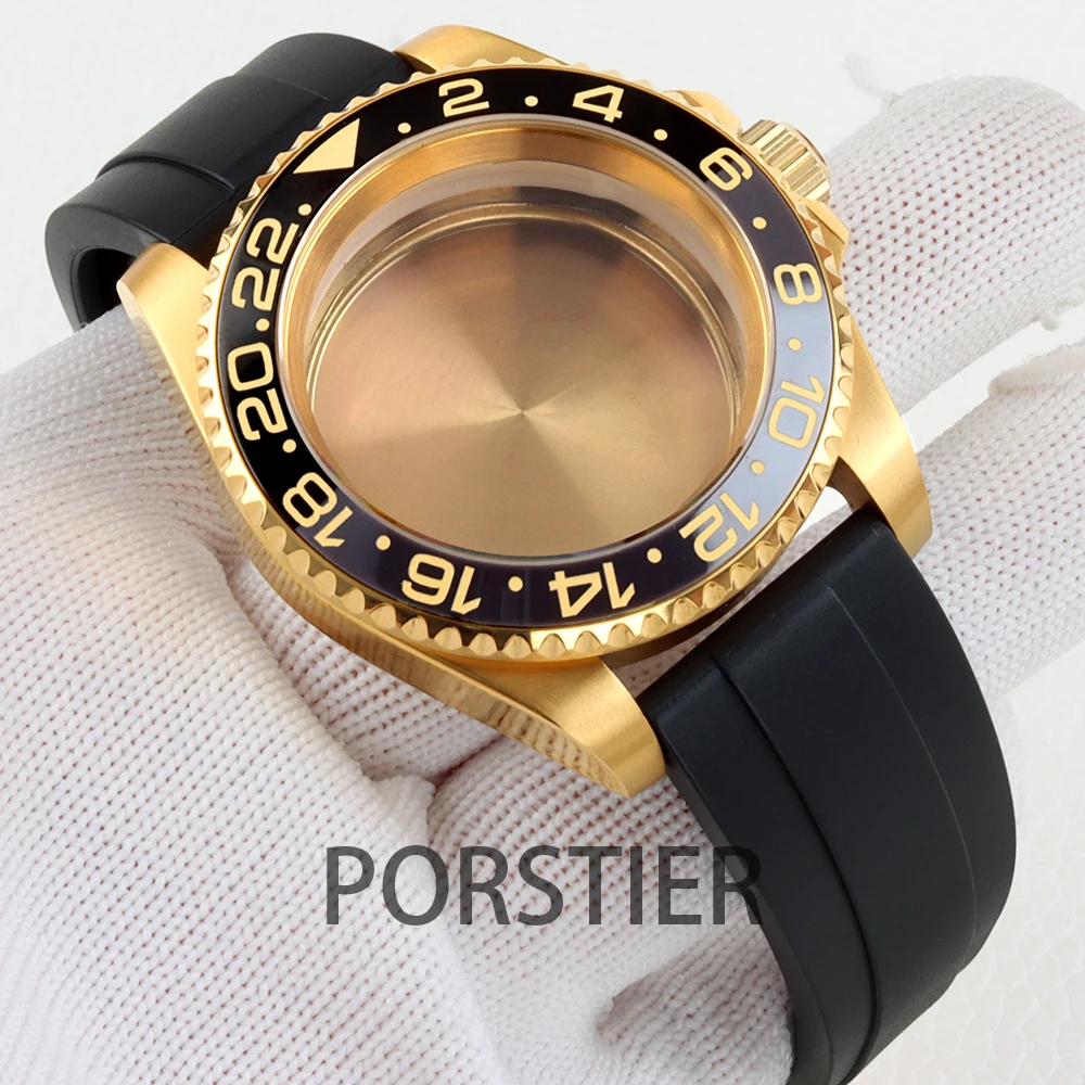 40mm Diver Watch Case for SUB GMT NH34 NH35 NH36 movement 28.5mm Dial Gold pvd Stainless steel Case Sapphire Glass Rubber Strap
