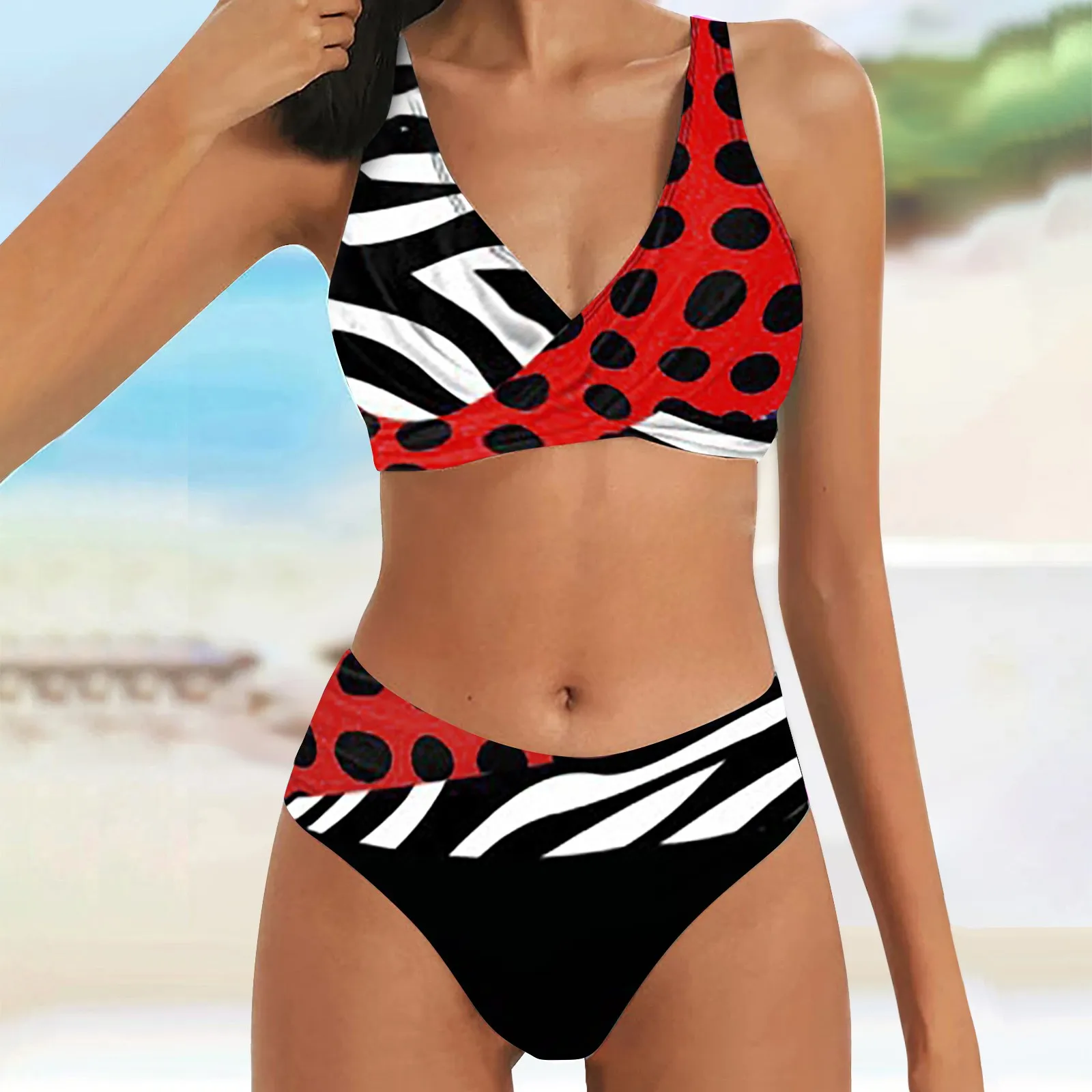 Ladies Sexy High Waist Printed V Neck Color Block Beach Bikini Two Piece Sets Female Halter Swimsuit Bathing Swimming Suit