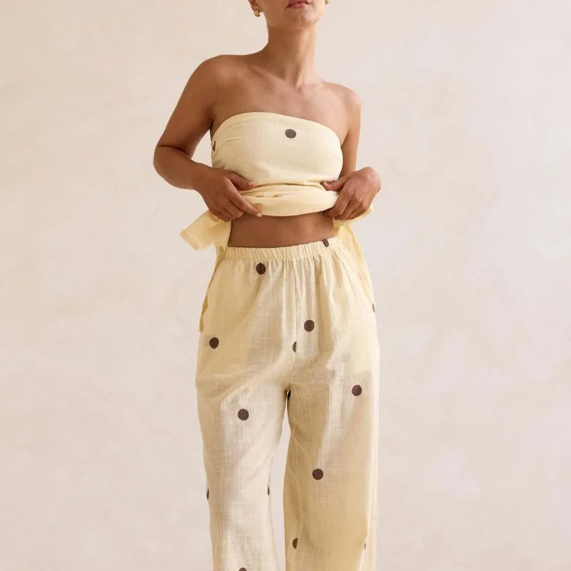 2026 Women's 2Piece Y2k Polka Dot Print Outfits Set Smocked Backless Strapless Tube Tops+Elastic High Waist Wide Leg Pants