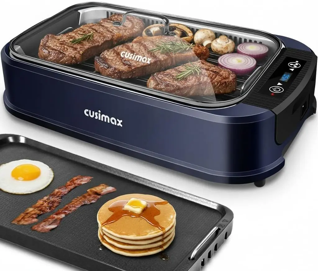 

Electric Indoor Grill Griddle, Smokeless Korean BBQ with Turbo Smoke Extractor, Non-stick Removable Plates