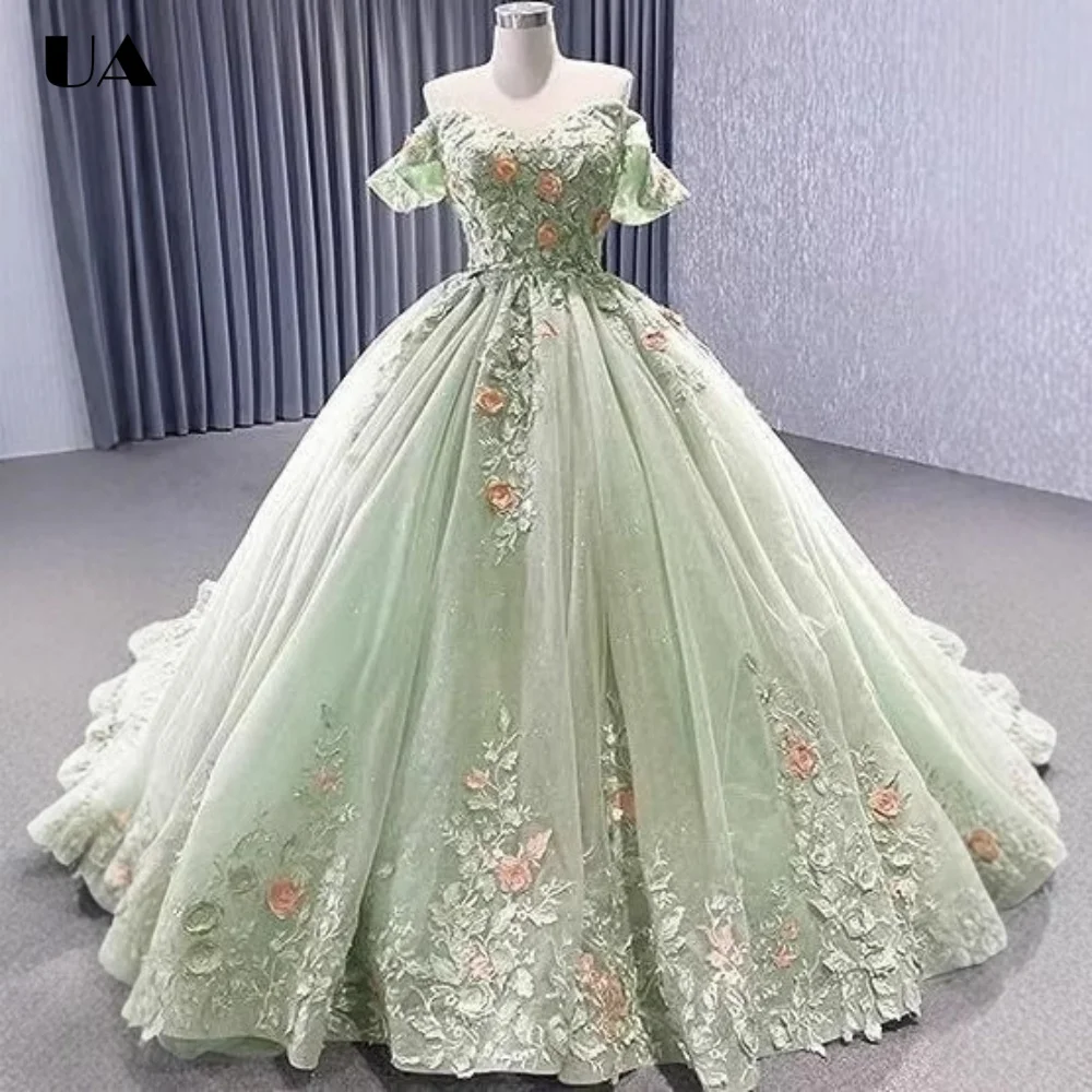 

ULBYANRY Customized Mesh A-line 3D Flower Sweet 15 Dress, Classic Off-the-shoulder Quinceanera Dress, Elegant Lace-up Ball Gown