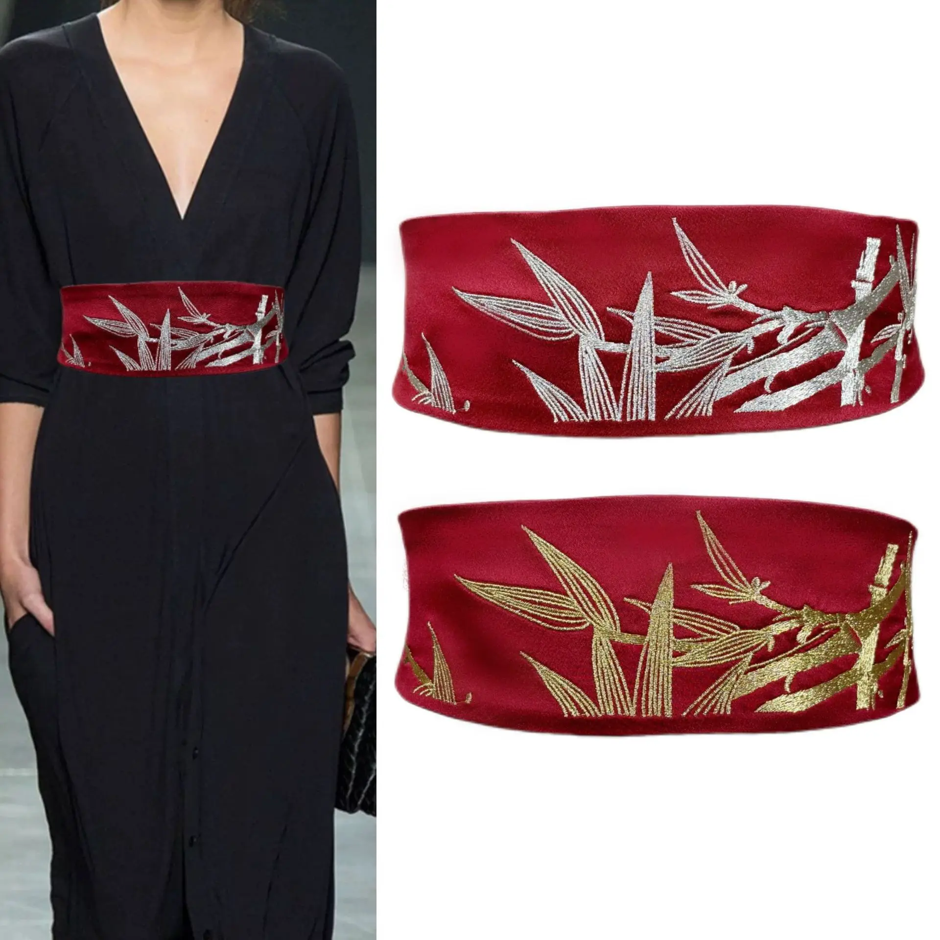 Vintage Trend Golden Thread Bamboo Embroidery Fashion Women's Fabric Tie Decorative Belt, Horse-Face Skirt Waist