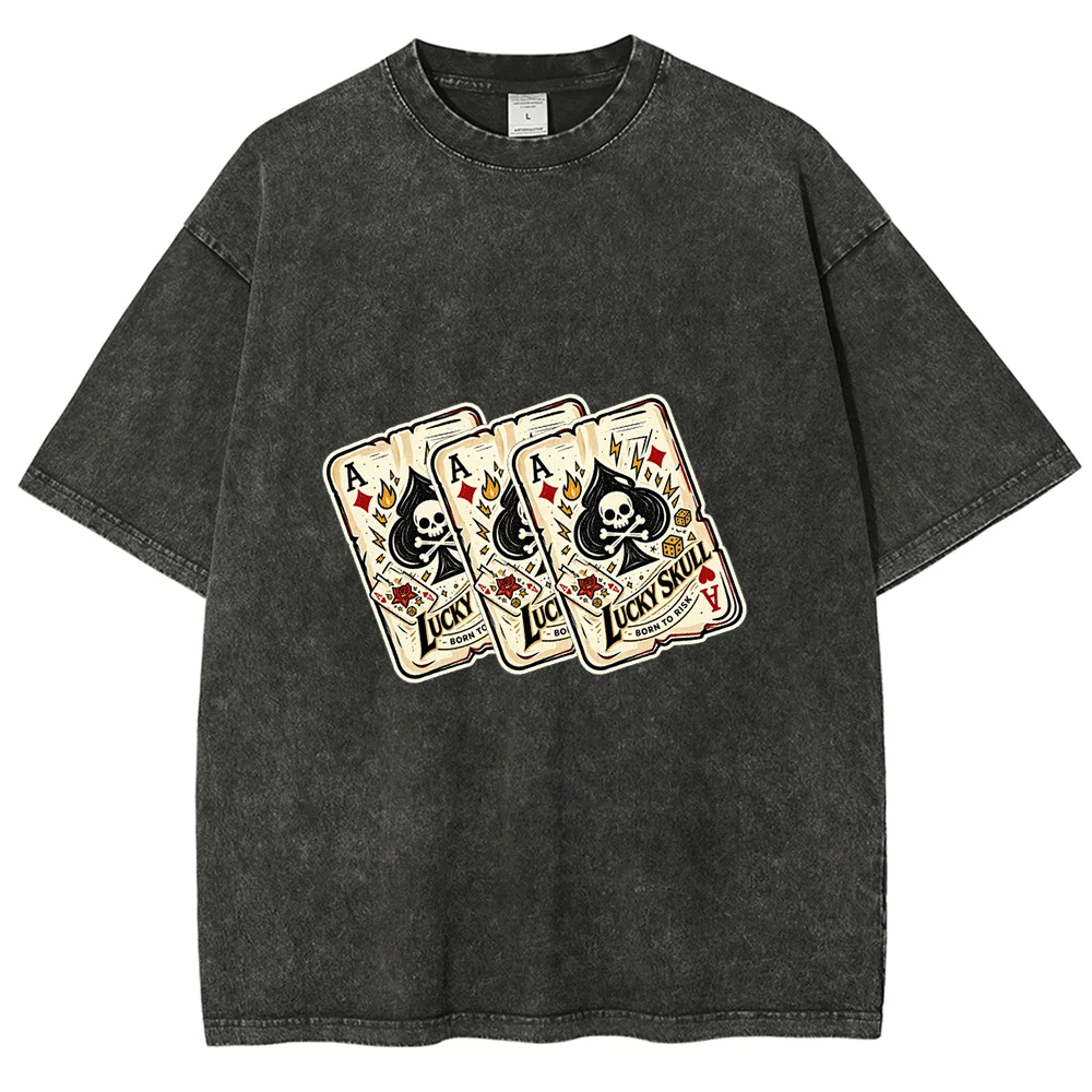 Unisex Vintage Lucky Skull Poker T Shirt Washing Acid Wash Orange Oversized Cotton Graphic Tees Streetwear