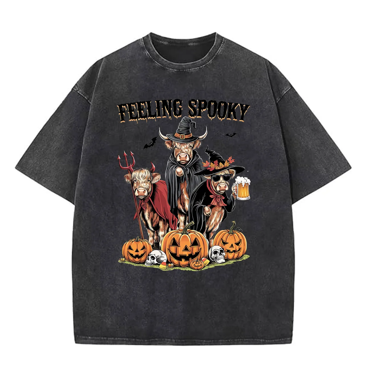 

Feeling Spooky Oversized Washed Graphic T-Shirt, 100% Cotton Streetwear Tee for Men, Vintage Hip Hop Loose Fit Tops