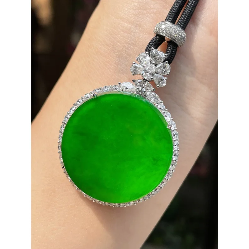 Natural Burmese  Round Jadeite Pendant in Imperial Green  Peace Buckle Design