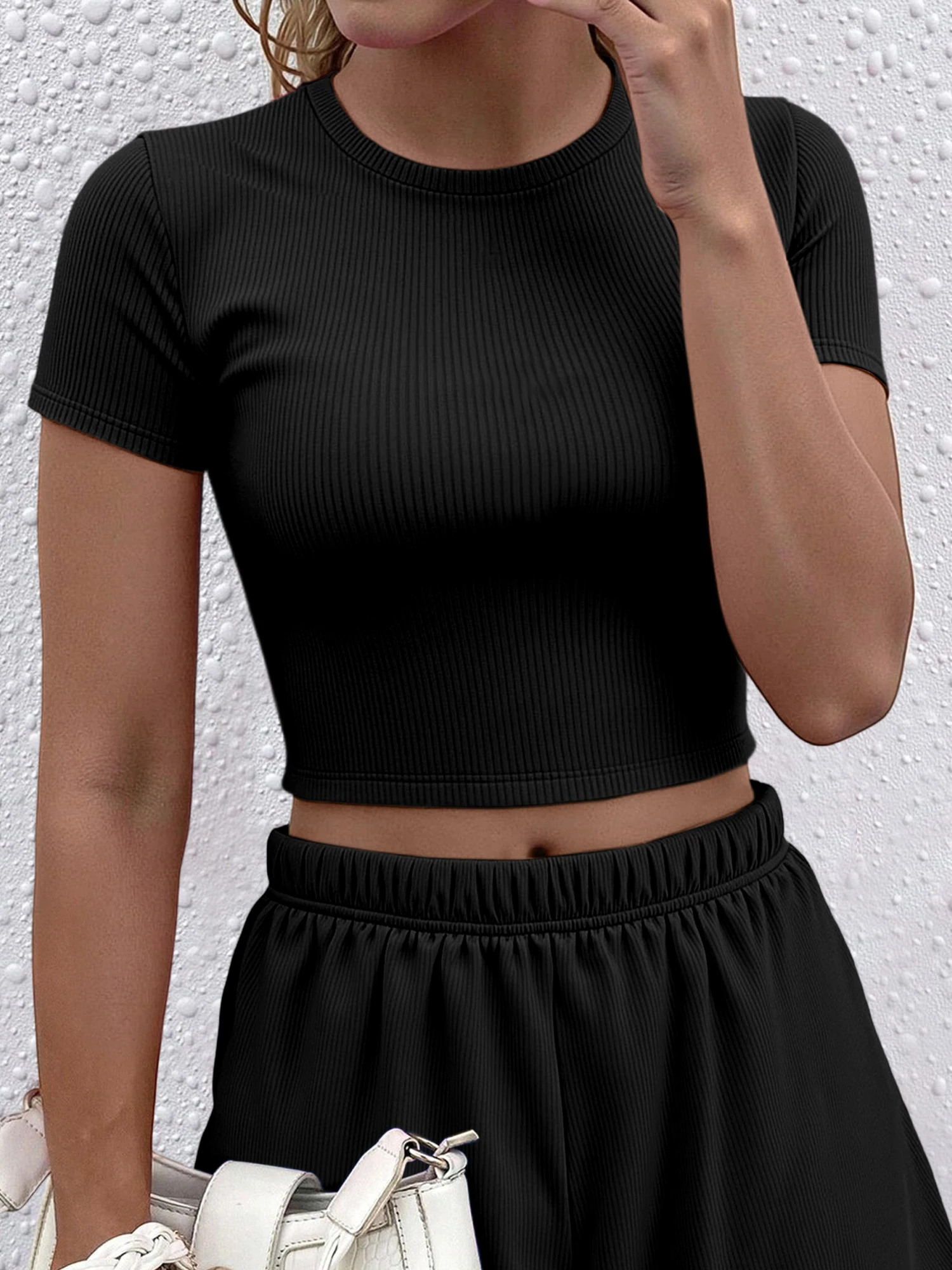 Sweat‑Friendly Ribbed Crop Tee, Figure‑Hugging Short‑Sleeve Activewear for Training and Gym Class