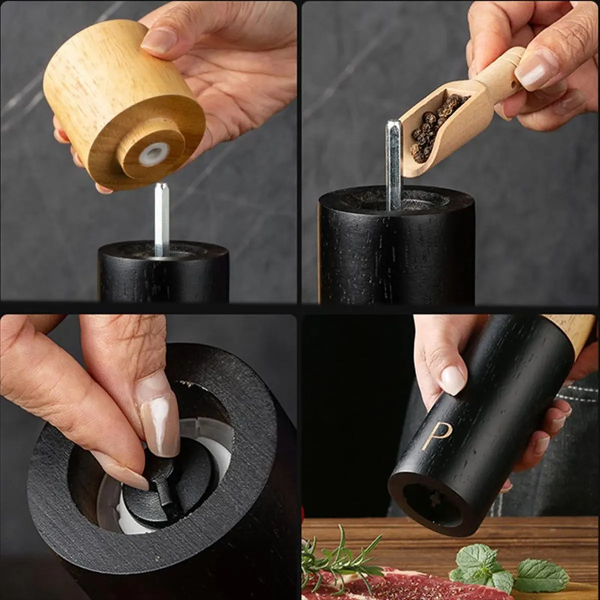 

(AIMA) Oak Wooden Pepper and Salt Mill Sets Multifunction Spice Pepper Grinder Refillable Pepper Salt Grinder Sets with Box