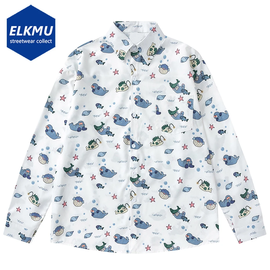 

Рубашки с рисунком Sea World, японские рубашки большого размера в стиле Харадзюку, блузка на пуговицах с длинными рукавами, повседневные свободные рубашки унисекс