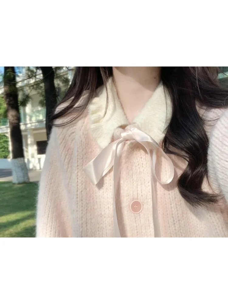 

Pink Knitted Sweater with Bow Tie Loose Lazy Sle Outerwear Early Autumn New Arrival College Sle Sweet Knot Belted