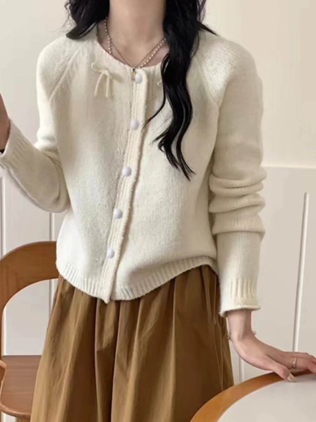 

Handmade Knot Sweater Women's Sweet Soft Cozy Knitted Cardigan Outerwear Korean Sle Slim Fit Long Sve round Ne