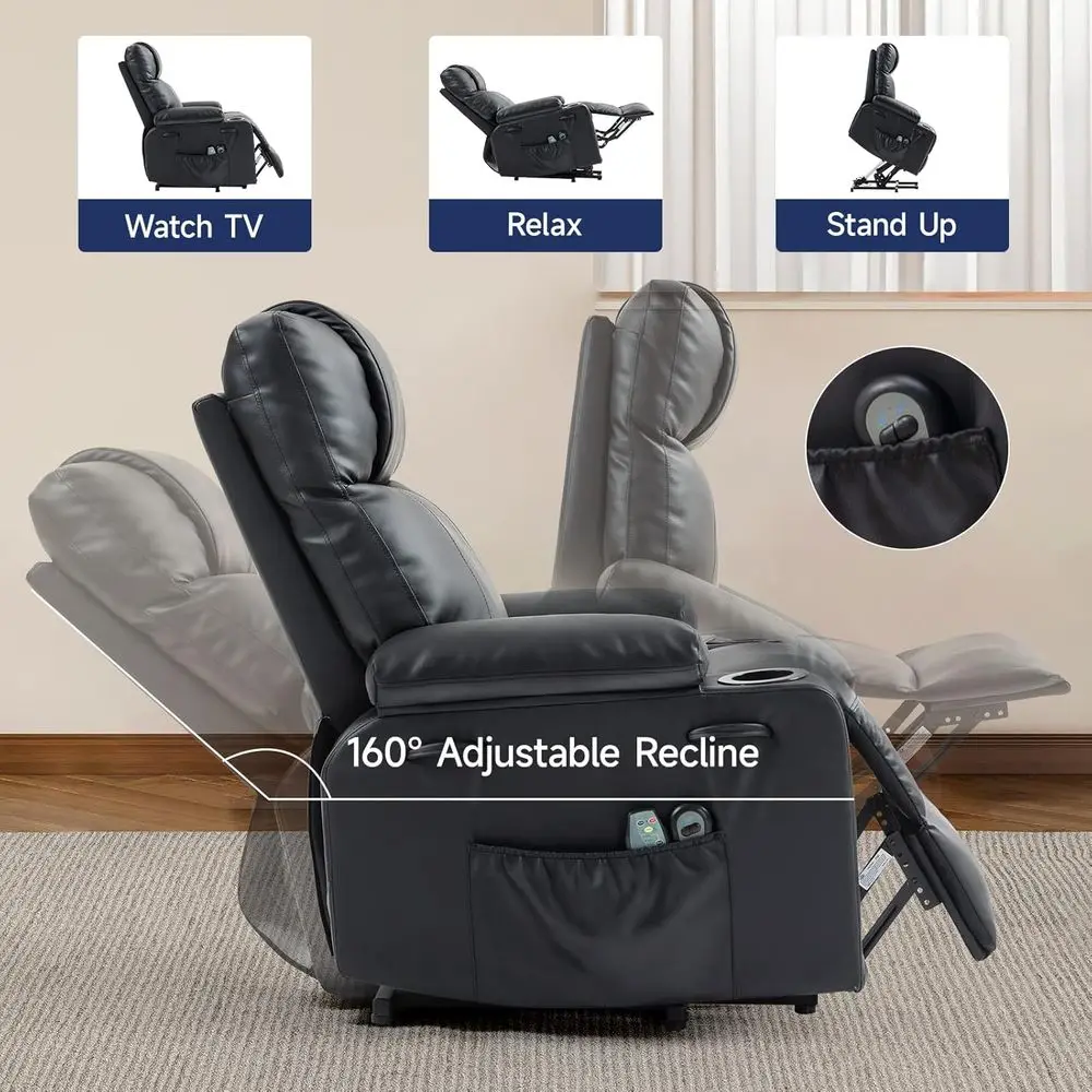 Sillón reclinable eléctrico para personas mayores con masaje y calor, 160 °   Sillón Reclinable Eléctrico Ajustable de Cuero PU con Control Remoto y Portavasos