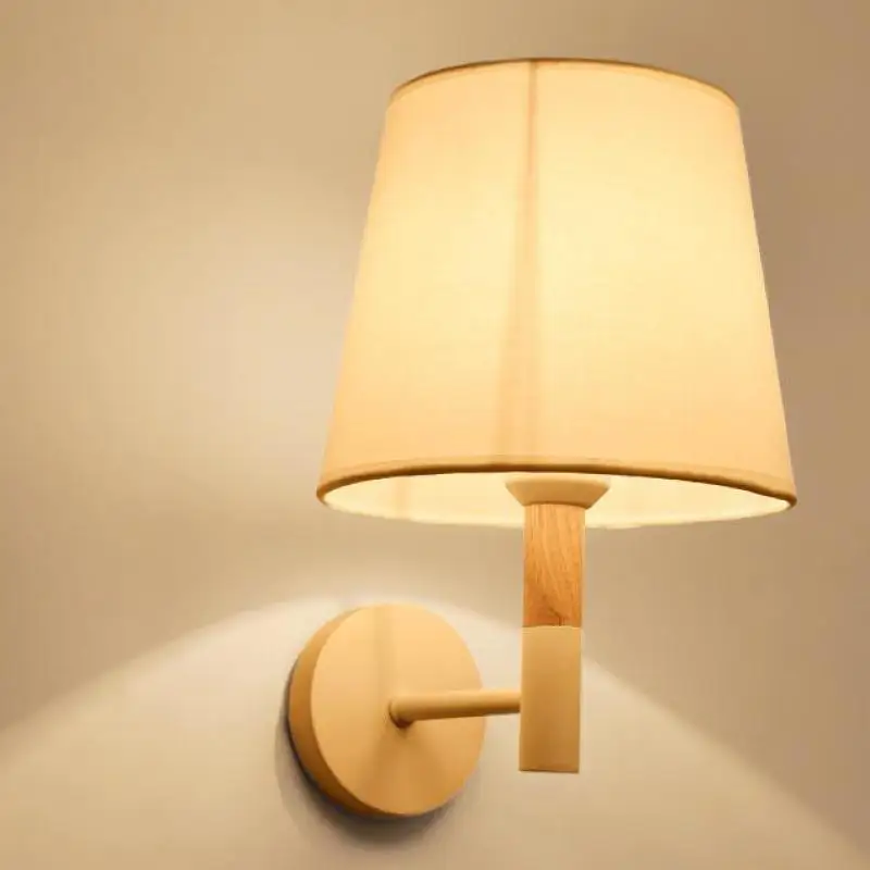 European style E27 LED wall light with linen lampshade for Bedroom Bedside hotel room deco Corridor home indoor Wood Wall Lamp
