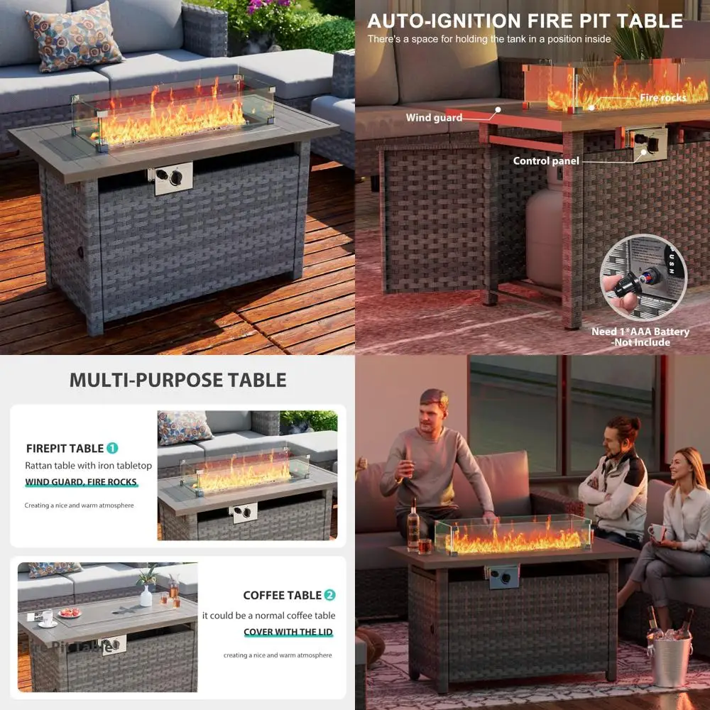 

Outdoor Rectangular Propane Gas Fire Pit Table with Wind Guard and Auto-Ignition for Patio Use