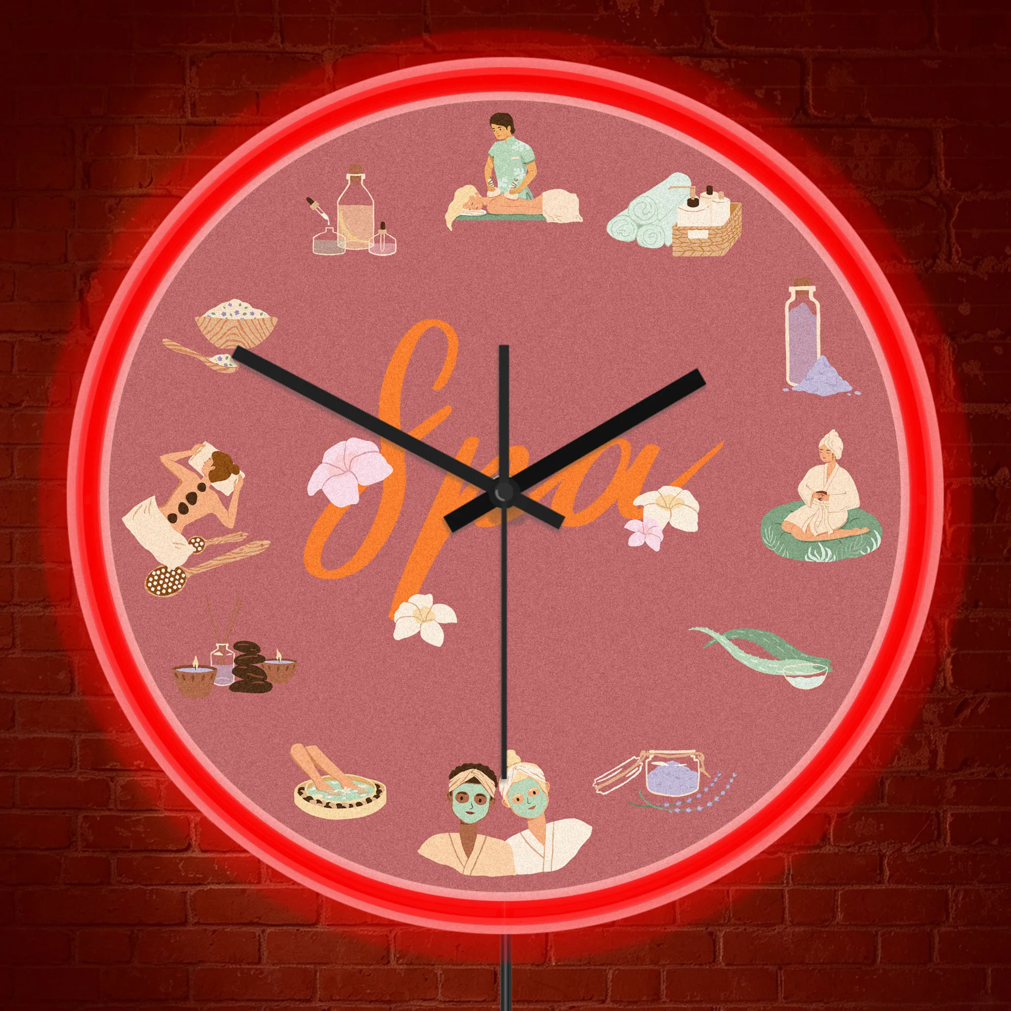Beauty Salon Spa Skincare Pattern LED Neon Wall Clock for Wellness Massage Studio Luminous Night Light Clock Spa Therapist Gift