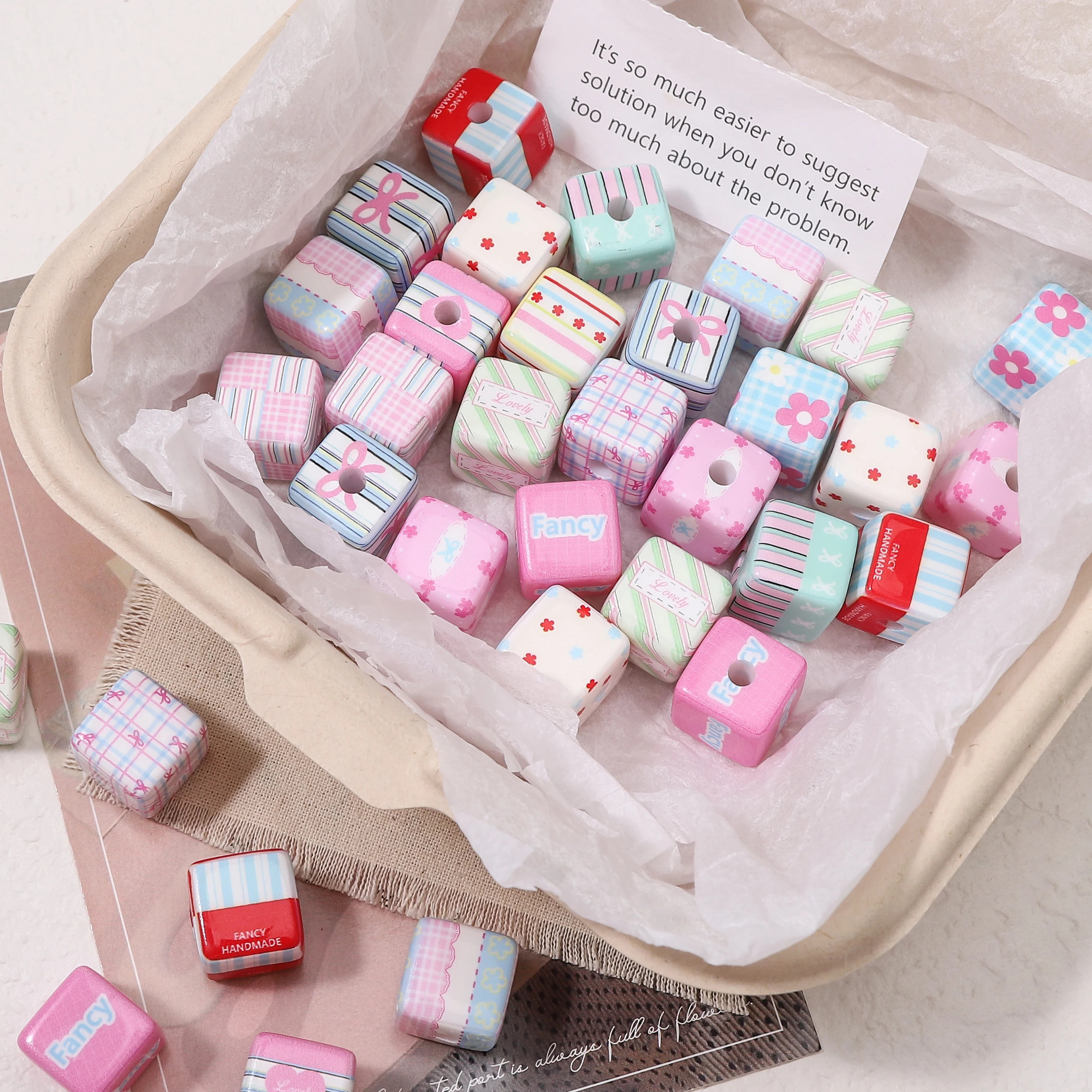 

New Arrivals 2Pcs 14mm Multiple Styles Acrylic Printed Square Beads For Jewelry Making DIY Bracelet Key Chain Accessories