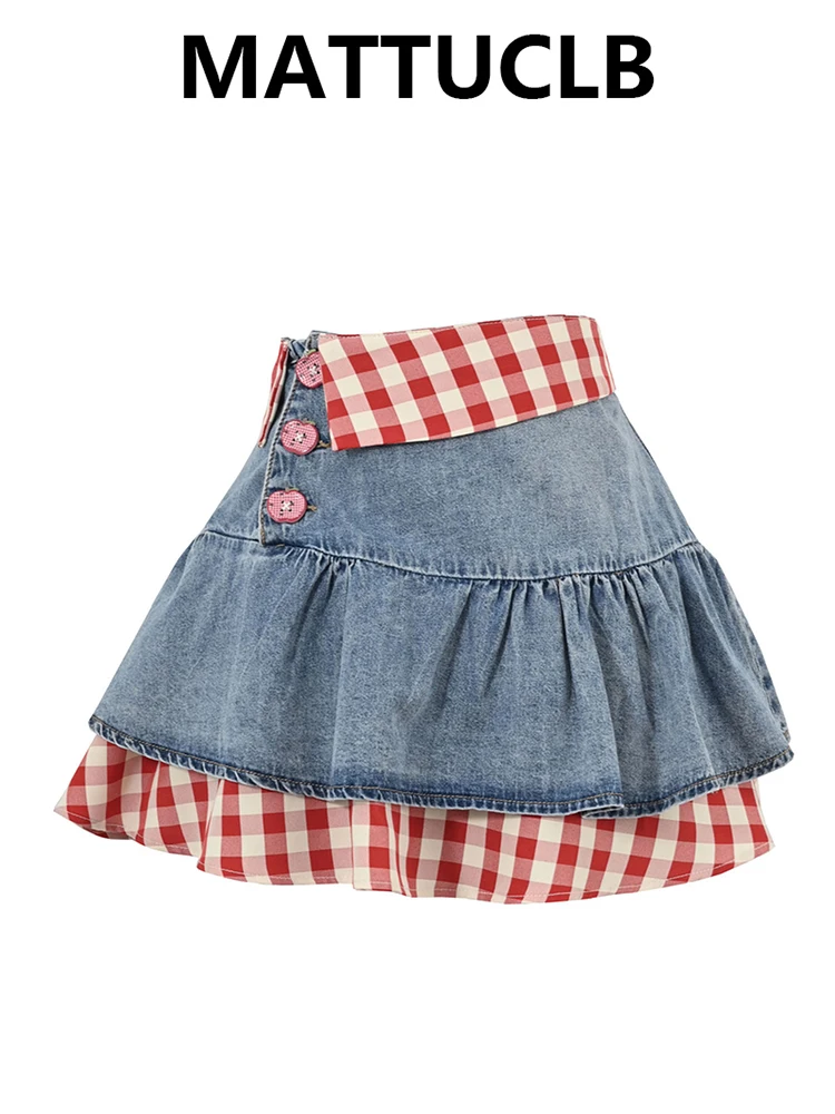 

Women Denim Patchwork Mini A-line Skirt 2000s Kpop Y2k Korean Shoujo Harajuku Design Harajuku Plaid E-girl Gyaru Coquette New In
