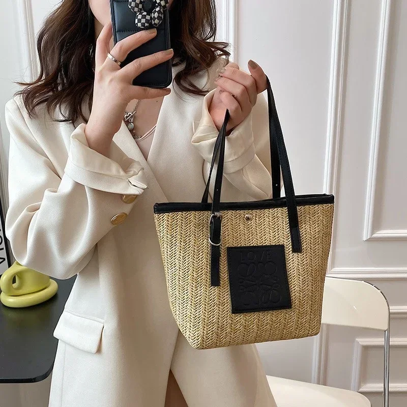 Simple Straw Woven Bag Simple Fashionable Woven Bag Vacation Beach Bag Hundred Pairs Handbags Commuting Totebag Large Capacity