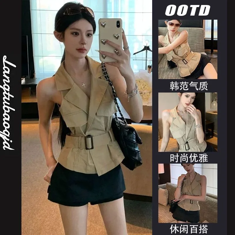 Premium sense khaki lapel belt short top women's retro Spice Girl design sense temperament slim vest vest