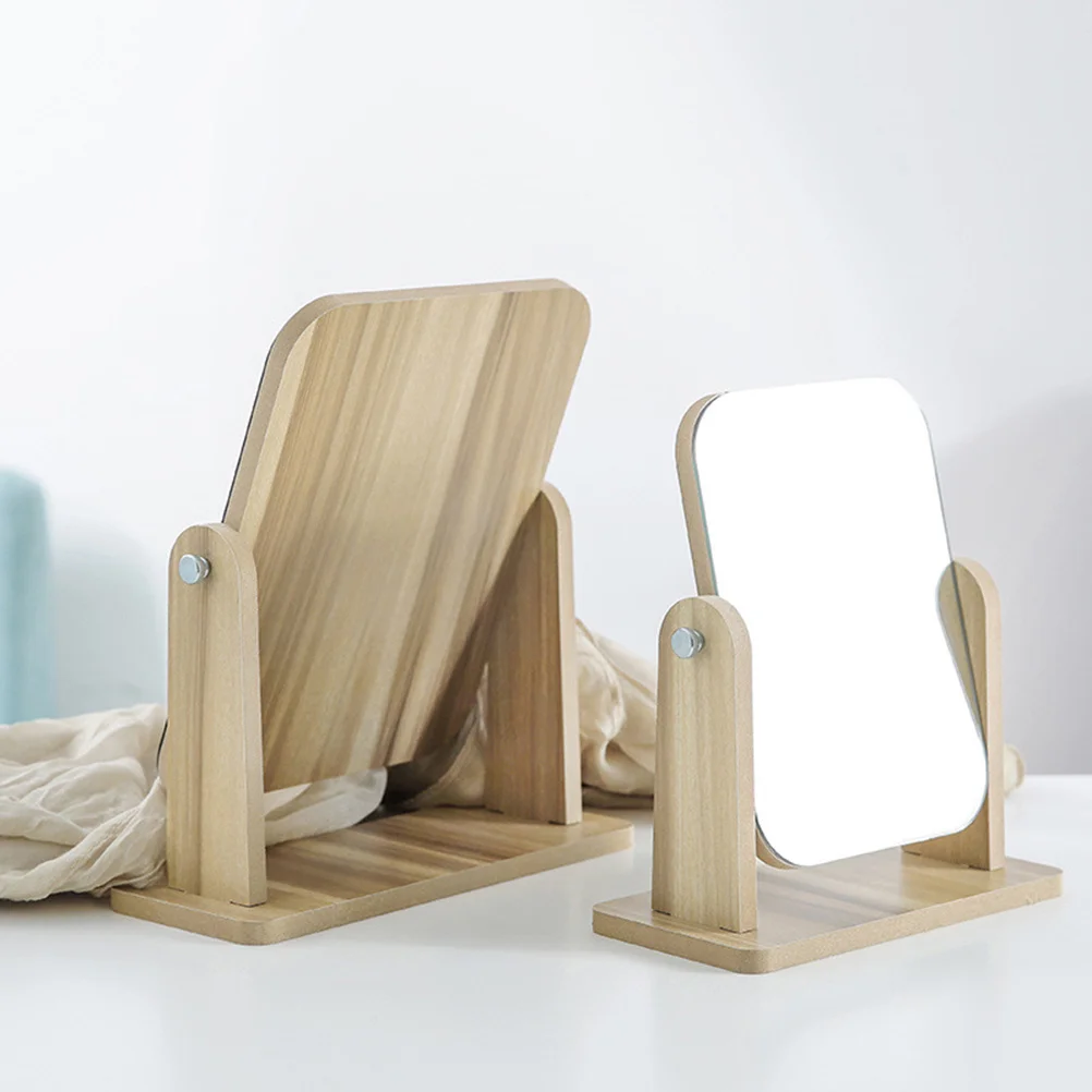 Makeup Mirror Rectangular Mirror Rotatable Desktop Wooden Frame Glass Clear Image Quick Touch Ups Stable Support