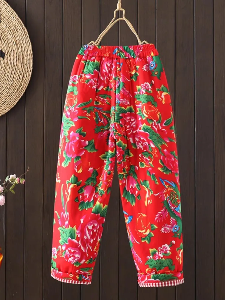 National Style Flower Cloth Cotton-padded Trousers 2024 New Winter Women Elastic Waist Thick Warm Quilted Harem Pants Outerwear