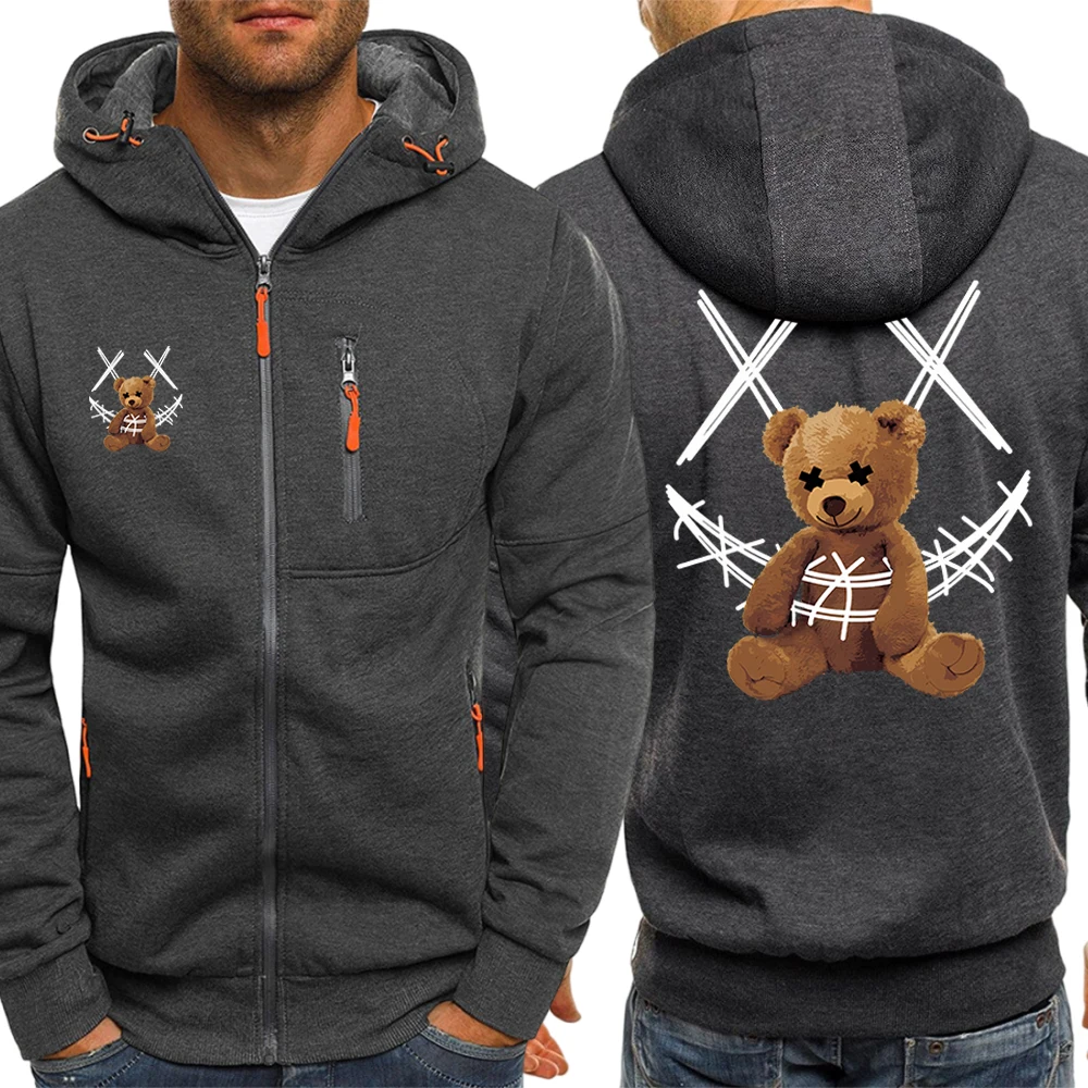 Trapped Brown Ted Bear Pattern Hoodies Men Hip Hop Clothes Warm Fleece Streetwear Oversized Zipup Hooded Loose Zipper Sweatshirt