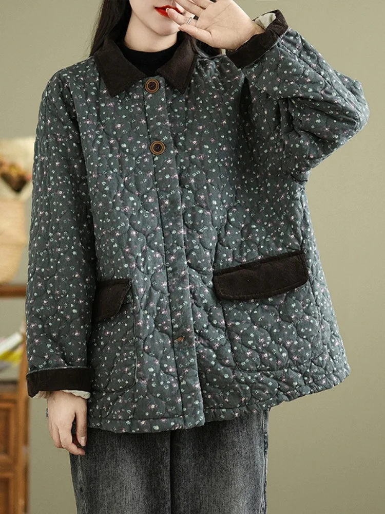 Retro Japanese Style Women's Cotton Shirt Floral Print Thick Warm Mid-Length Large Size Fashionable Winter Outerwear