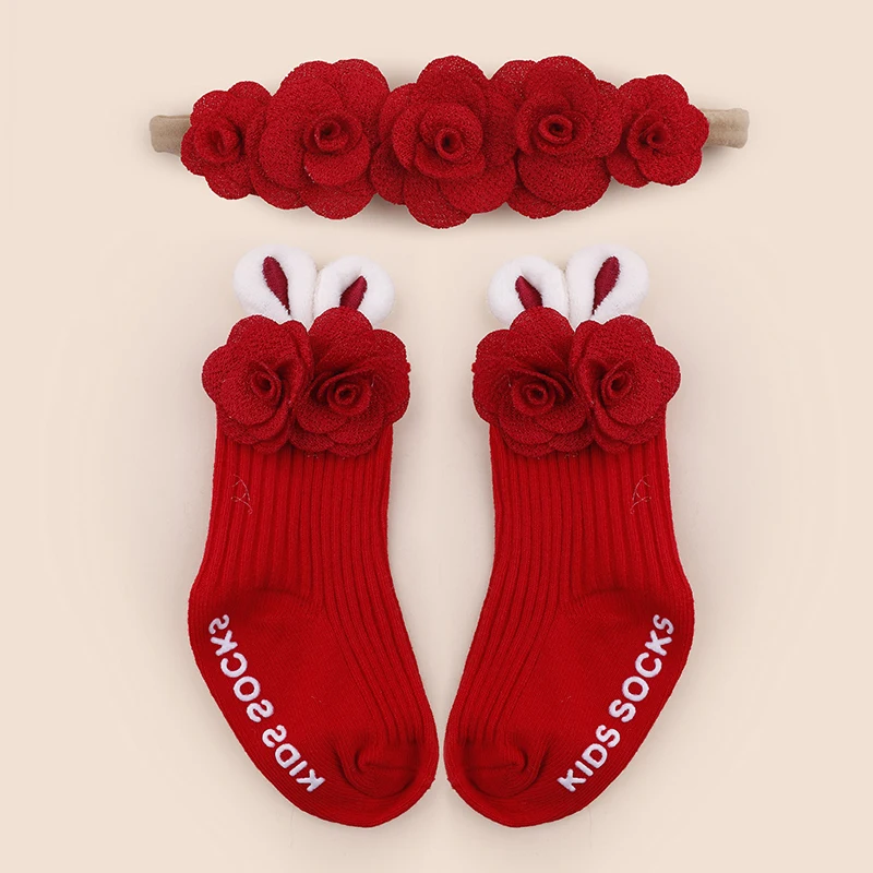 Sweet and Cute Rose Rabbit Ears Pink Red Khaki Green Nylon Handmade Headband Socks Set/Suitable for Daily Matching Very Popular