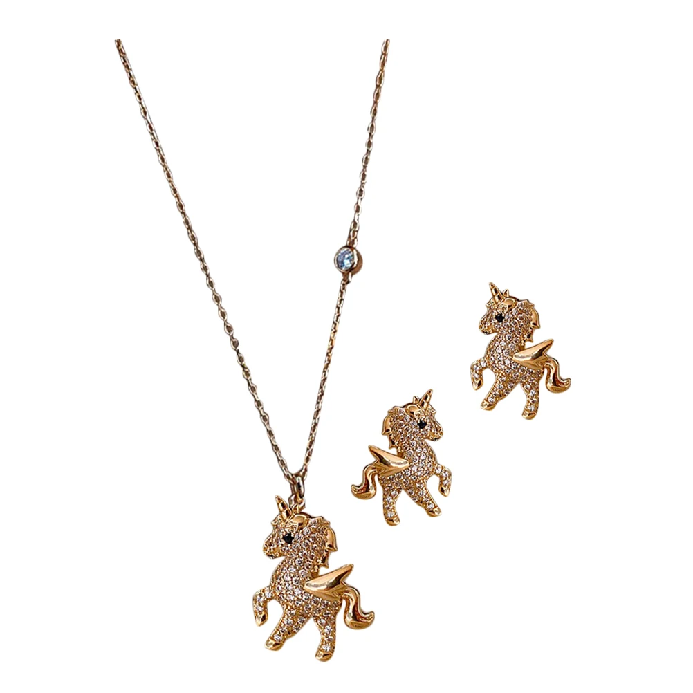 유니콘 목걸이 귀걸이 세트 스터드 쥬얼리 소녀용 금속 쥬얼리 초커 목걸이 구리(목걸이) 귀걸이 미스