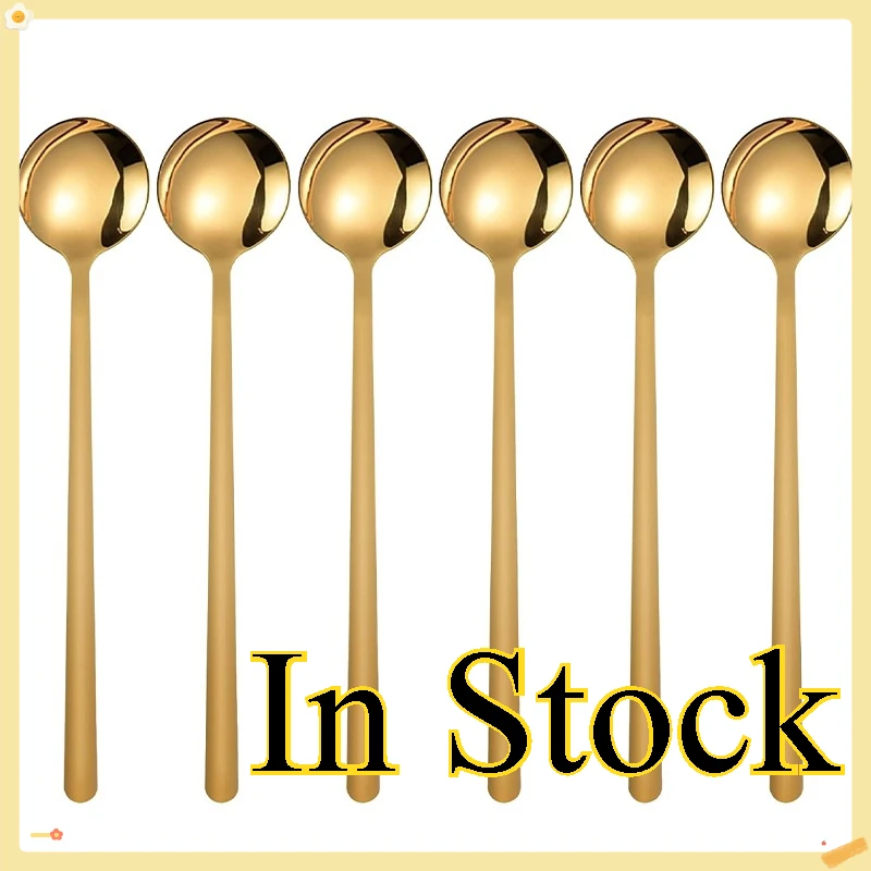 6 عبوات من ملاعق القهوة المصنوعة من الفولاذ المقاوم للصدأ وملاعق الحلوى بمقبض طويل وملعقة شاي ذهبية اللون ومغرفة اثارة لكعكة الآيس كريم
