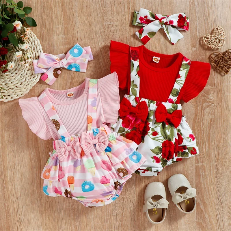 

Baby Girls Fake Two Pieces Romper Ruffle Fly Sleeve Suspender Bowknot Patchwork Donut/Flower Printed Playsuit Triangle Headband