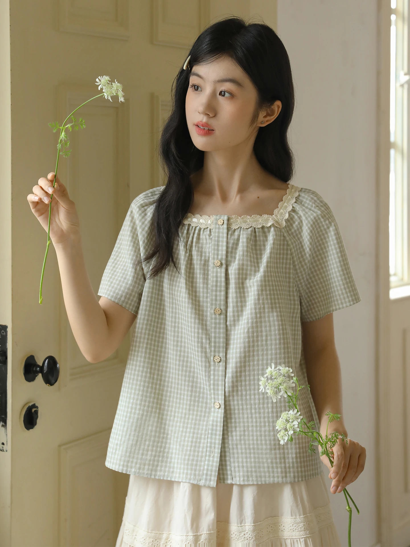 

Nesoulum Women's ort Sve irt Summer Vintage Design Cotton Linen Square Collar Cheered Pattern Casual Ele Top