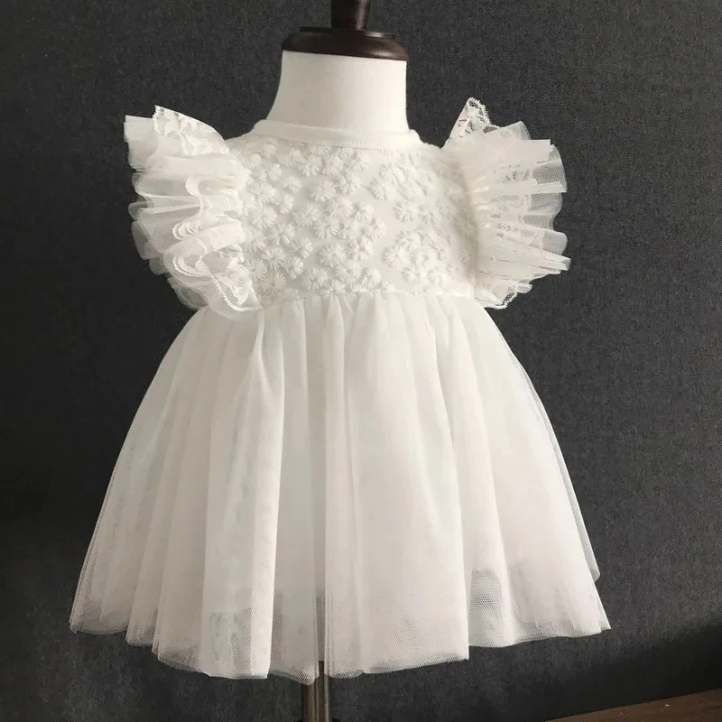 Newborn Baby Girl Baptism Dress Tulle Flower Embroidery Infant Toddler Ruflle Sleeve Vestido Birthday Summer Baby Clothes 0-18M