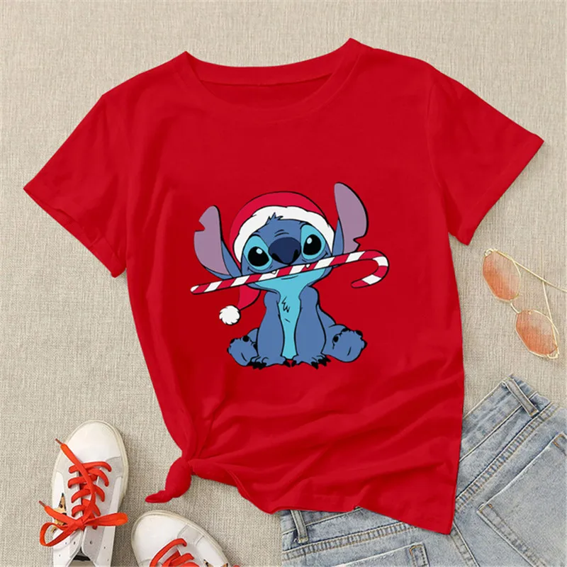 Fashion Christmas Hats with Stitch T Shirt Women Cartoon Tops Merry Christmas Gifts Cute Anime T-shirt Female Tshirt Clothes