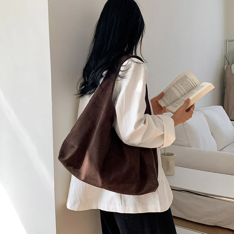 New retro trends Fall faux suede women's tote bag casual simple design neutral minimalist style sle commuter large shopper walle
