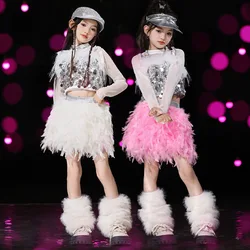 Hip Hop Sequins Jazz Dance Costume Street Dance Children Short Sleeve Crop Tops Short Skirt Outfits Kids Performance Dance Wear