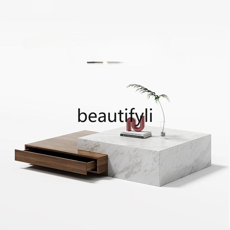 

Natural marble coffee table TV cabinet combination living room high-end modern light luxury Italian minimalist square