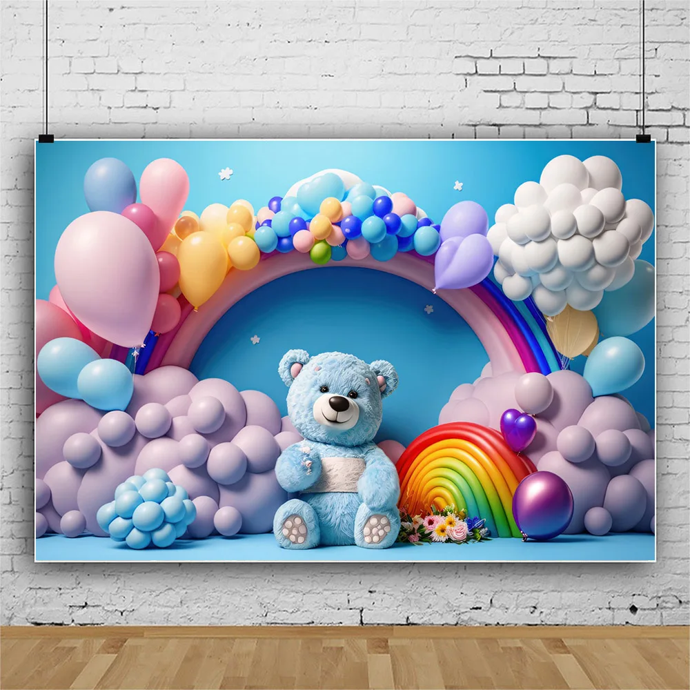 Fondo de arco de arcoíris 3D para fotografía, telón de fondo para fiesta de cumpleaños de niños, Baby Shower, juguete, oso, estrella, nube, accesorios de decoración de fondo