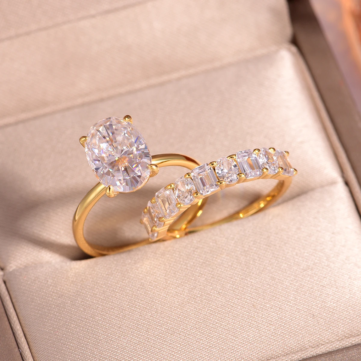 

Classic Egg-shaped Moissanite Diamond Luxury S925 Silver Plated 18K Gold Women's Set Ring Main Stone 4.5ct/12*8mm