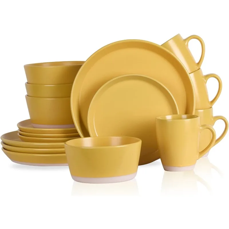 Stoneware 16-Piece Modern Dinnerware Set, Kitchen Plates and Bowls Sets, Dish Set for 4, Pink