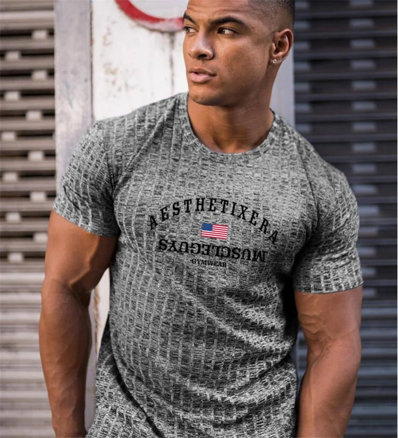 

Men Fitness Short Sleeve Knitted High Elastic Stripe Slim Fit T-shirt Gym Running Sport Bodybuilding Muscle Quick Dry Clothing