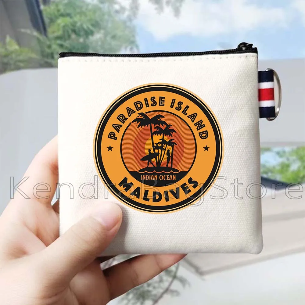 Vintage Maldivas Manta bandera mapa palmeras puesta de sol playa océano paisaje lienzo monedero cuadrado almacenamiento de llaves tarjeta bolsa cartera