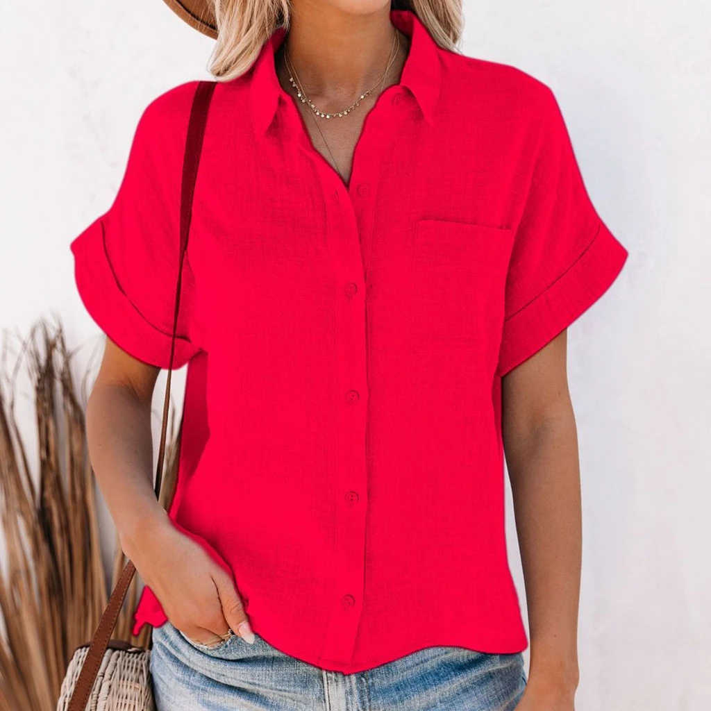 Women's Elegant Summer Cotton Linen Tops Short Sleeve Lapel Button Up Solid Color Shirt with One Pocket  Casual image 6