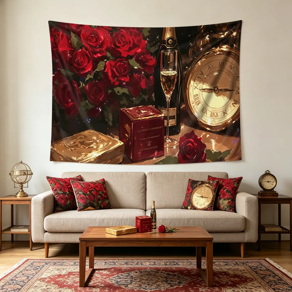 1PC Red Rose Vintage Art Print Backdrop Banner, Bedroom Living Room Photo Background, Polyester, Home Decor, Wall Art