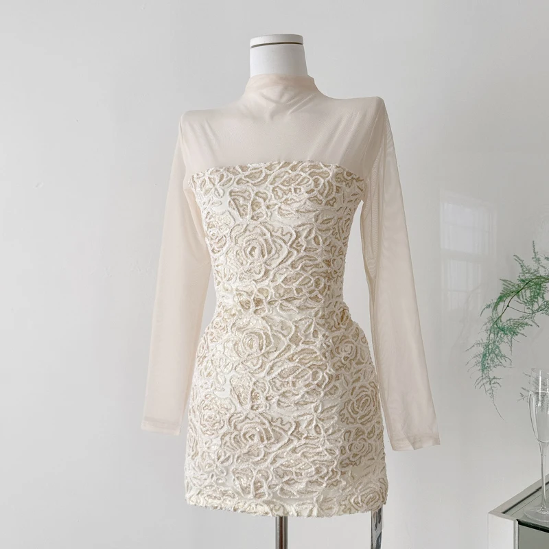 

Apricot Velvet Rose Sequins Dresses Women Elegant Long Sleeve Skin Color Mesh Patchwork Evening Party Zip Up Short Dress Female