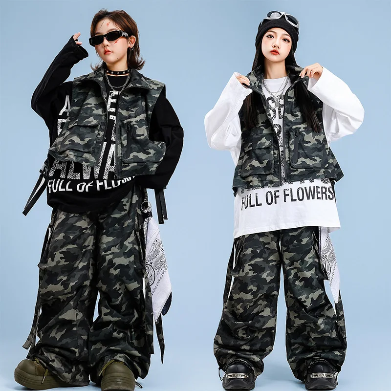 Jungen Hip Hop Kleidung Schwarz Weiß Langarm Top Camouflage Weste Hosen Outfit Mädchen Jazz Dance Kostüm Street Dance Kleidung Set