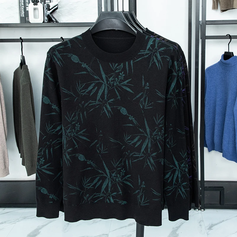 Men's Luxury Knitted Sweater Round Neck Long Sleeve Printed Bamboo Leaf Pullover Autumn Winter Fashion Casual Classic Men's Wear