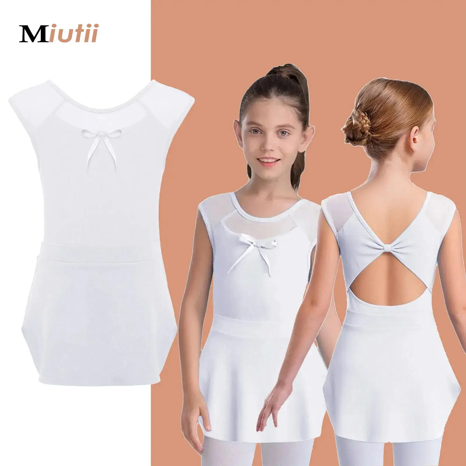 

Ballet Leotard Girls Ballet Dance Bodysuit Sleeveless Knot Cutout Back Sheer Mesh Bow Gymnastic Leotard Ballerina Dancewear Set